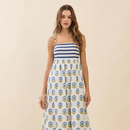 blue striped floral dress Blue & White Floral Dress – Haley Striped Midi with Tie Straps