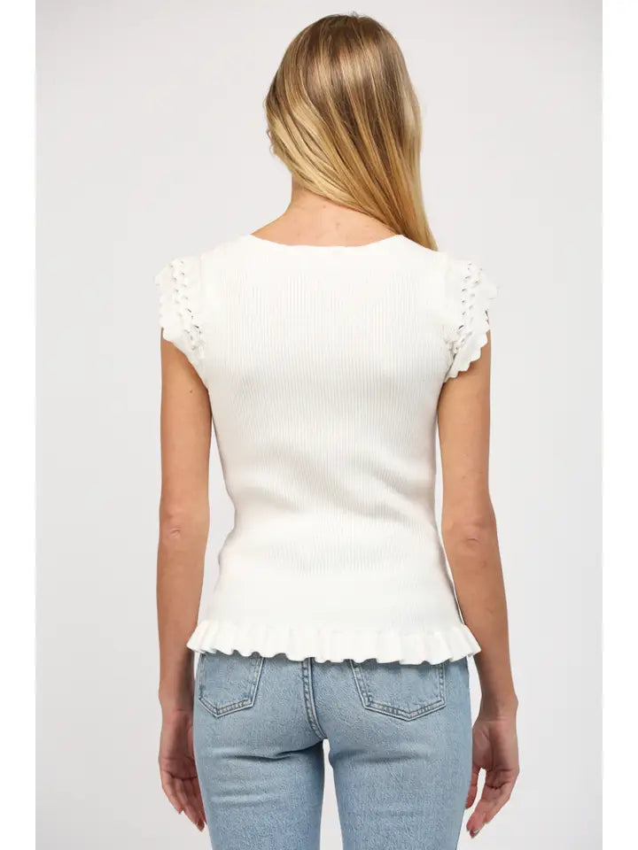 FRILL DETAIL V-NECK SWEATER TOP-OFF WHITE