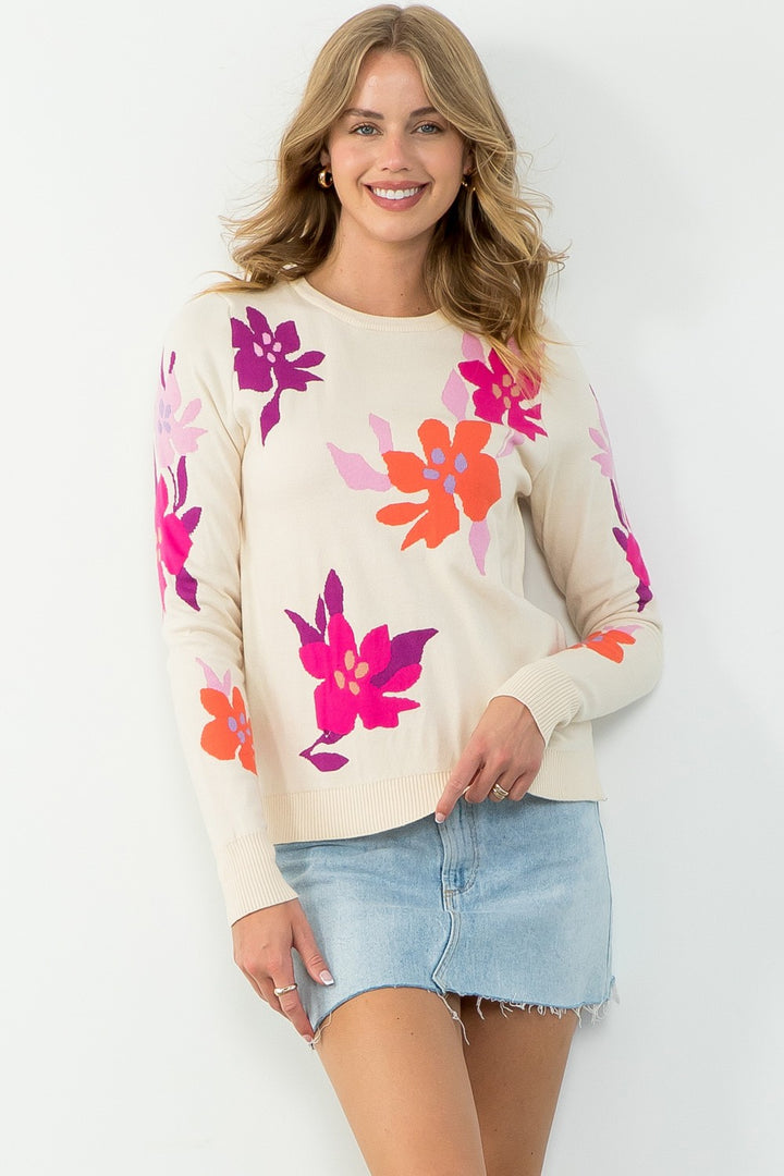 FLORAL KNIT SWEATER-CREAM