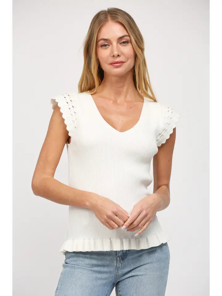 FRILL DETAIL V-NECK SWEATER TOP-OFF WHITE