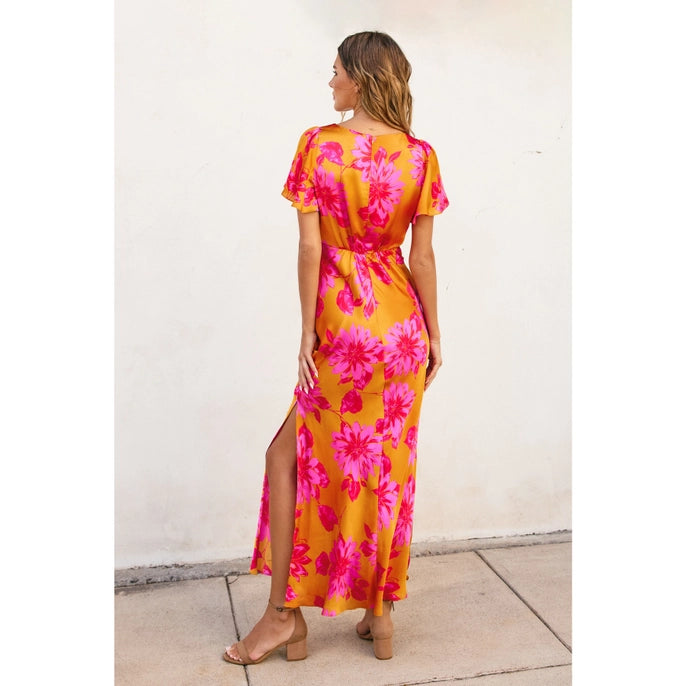 FLORAL FLUTTER SLEEVE MAXI DRESS -HIBISCUS MANGO