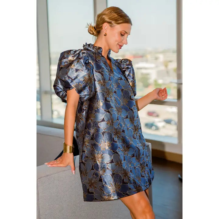 RUFFLE SLEEVE JACQUARD FLORAL MINI DRESS-BLUE