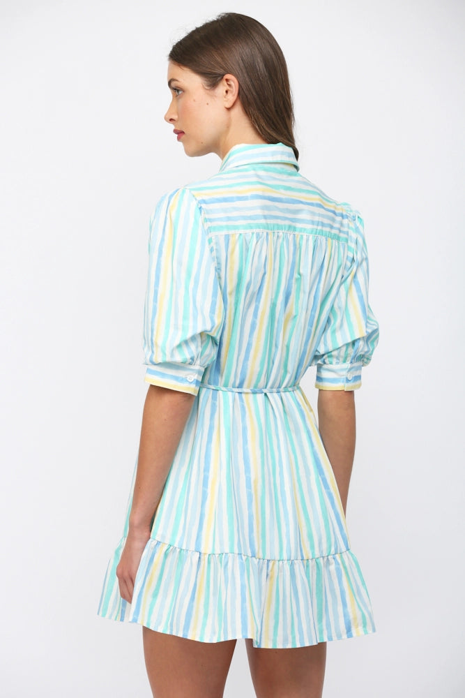 VERTICAL STRIPE SHIRT DRESS-WHITE/BLUE/YELLOW