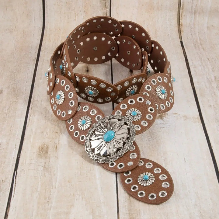 WESTERN TURQUOISE CONCHO DISC FAUX LEATHER BELT-BROWN