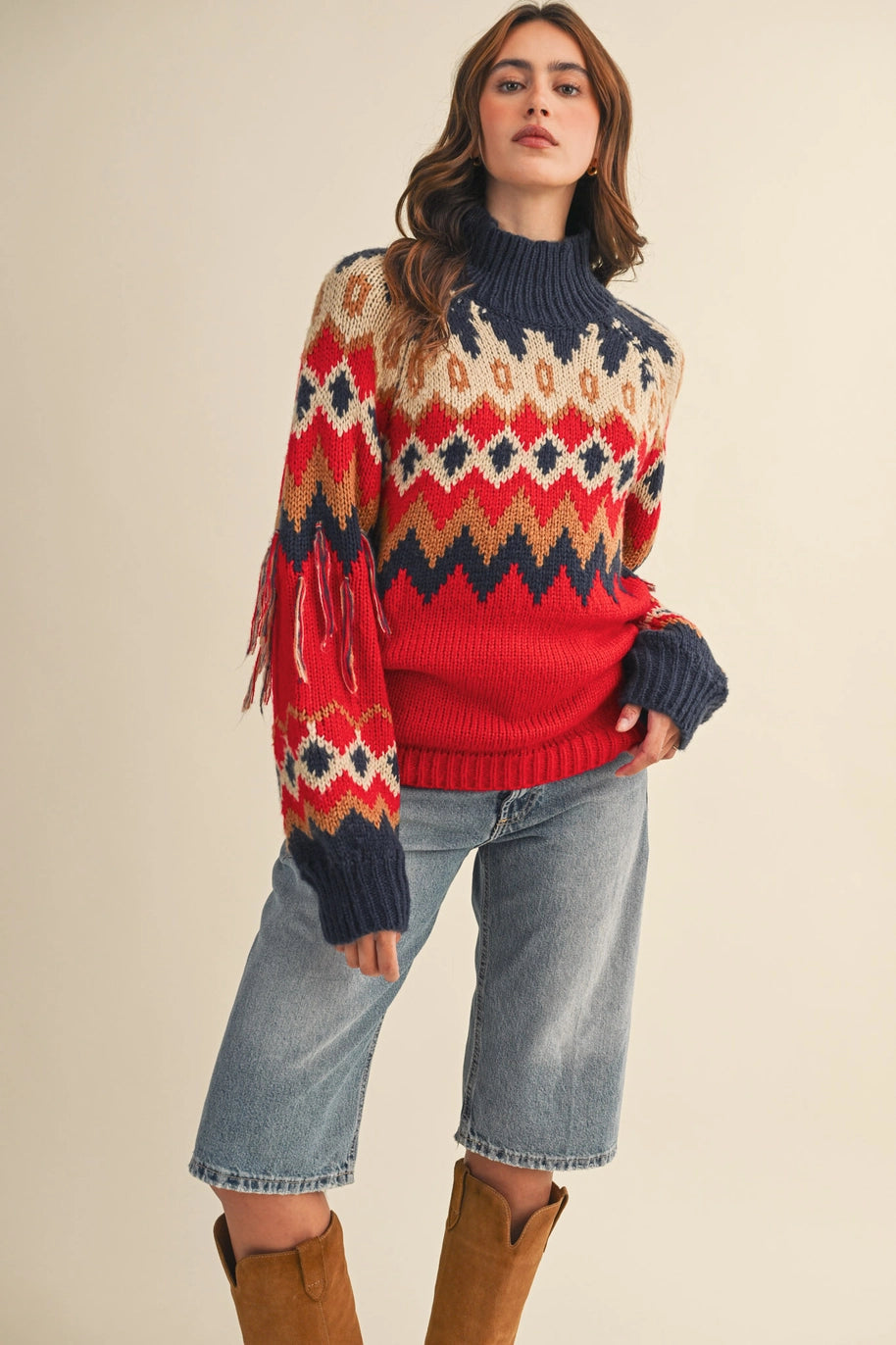 FAIR ISLE FRINGE SLEEVE SWEATER-RED/NAVY