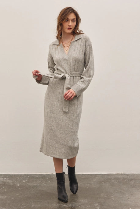 RIBBED SWEATER MIDI DRESS-HEATHER GREY