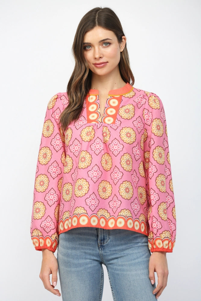 TILE PRINT LONG SLEEVE BLOUSE-PINK/MULTI