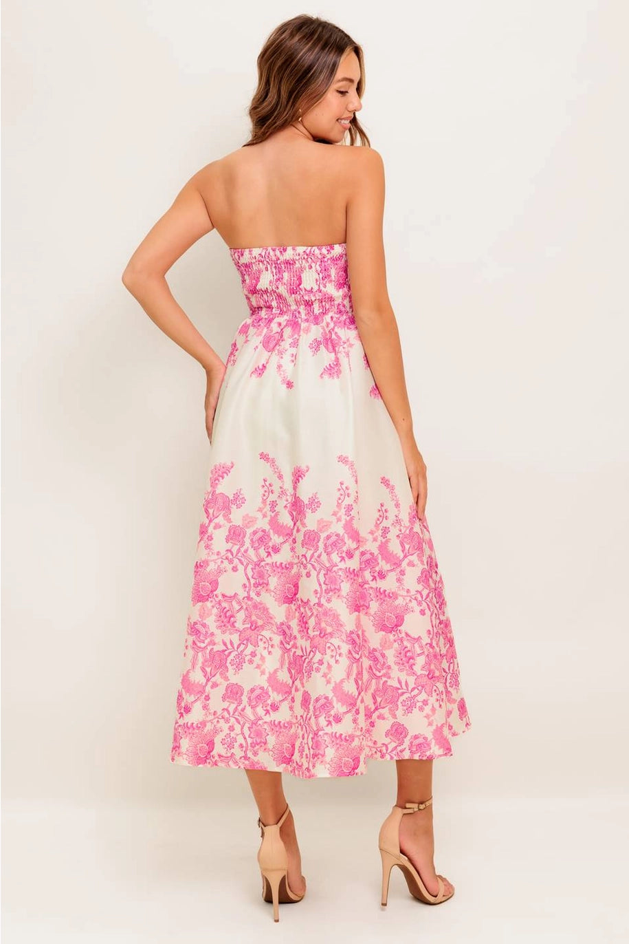 FLORAL STRAPLESS MIDI DRESS-IVORY/PINK
