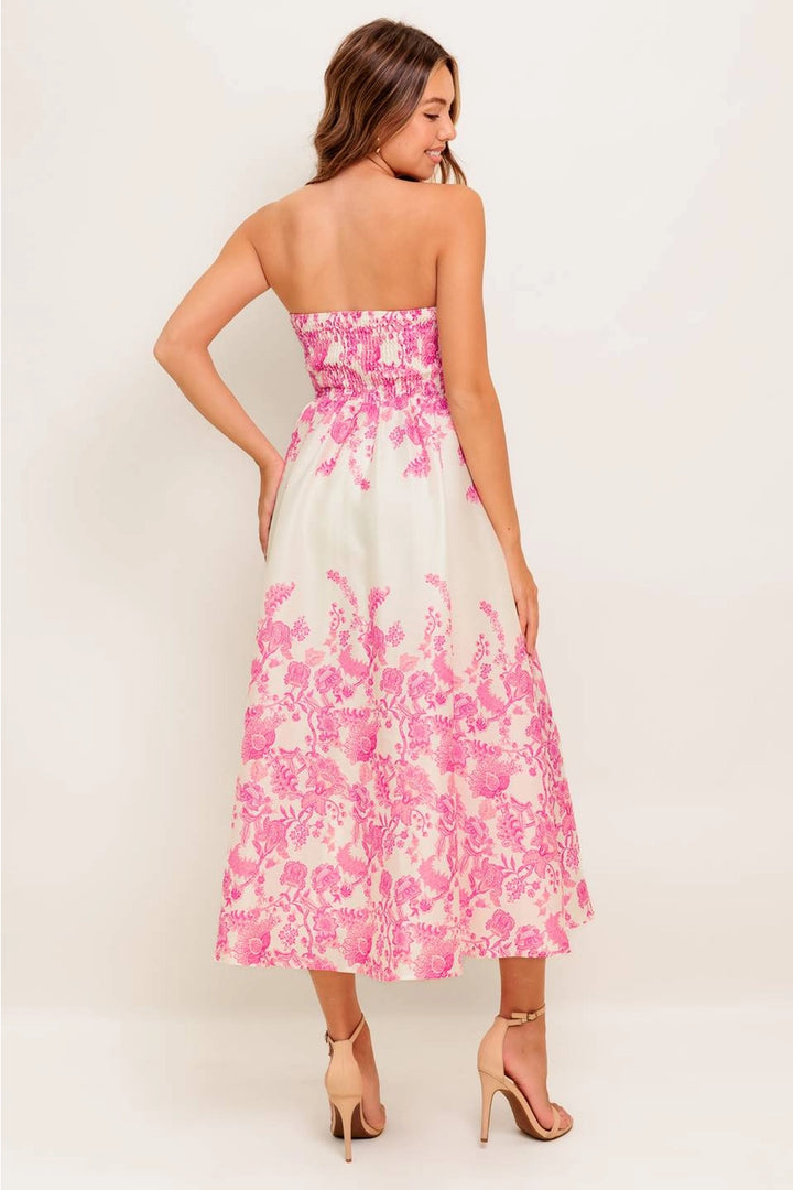 FLORAL STRAPLESS MIDI DRESS-IVORY/PINK