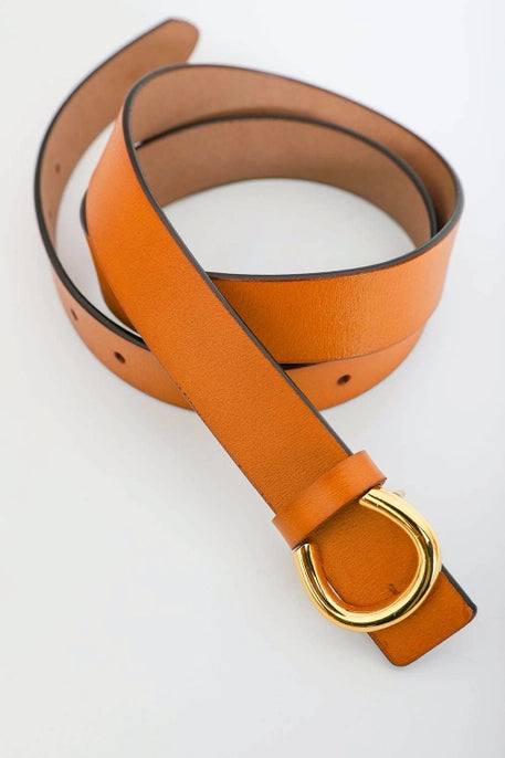 MINIMALIST GOLD HORSESHOE BELT-CAMEL