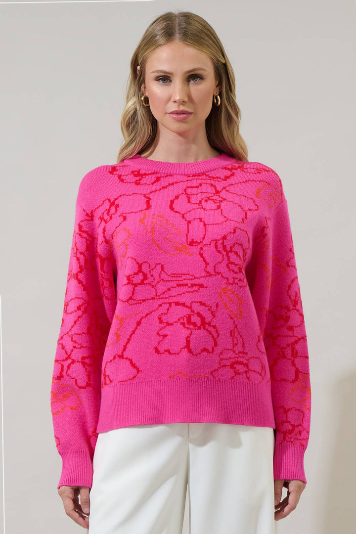 FLORAL DROPPED SHOULDER SWEATER-FUSCHIA/ORANGE