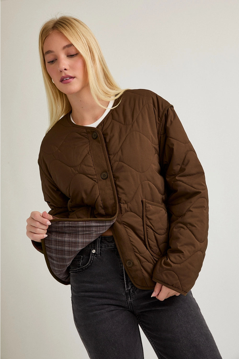 PADDED LONG SLEEVE QUILTED JACKET-DARKK BROWN