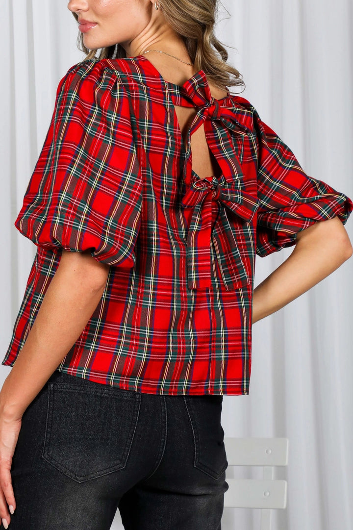 BOW ACCENT BACK PLAID BLOUSE-RED