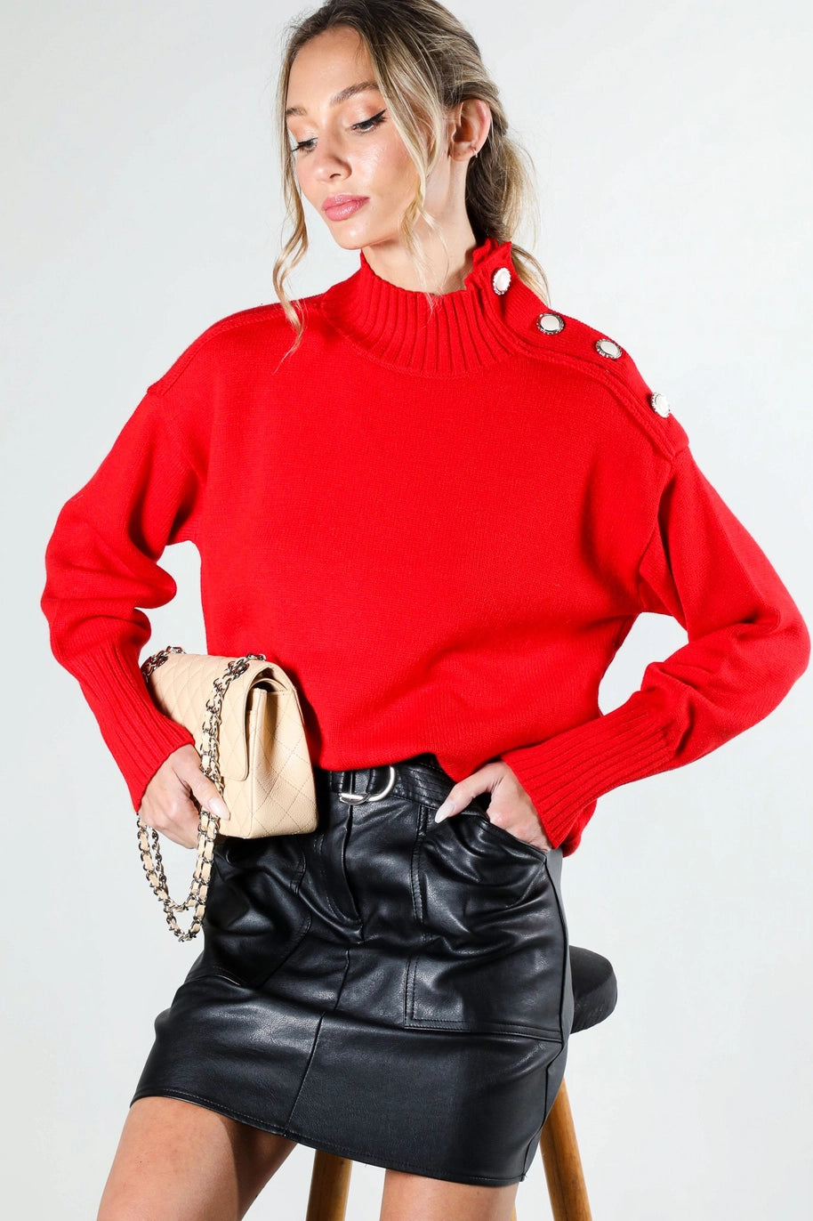 SHOULDER BUTTON DETAIL SWEATER-RED