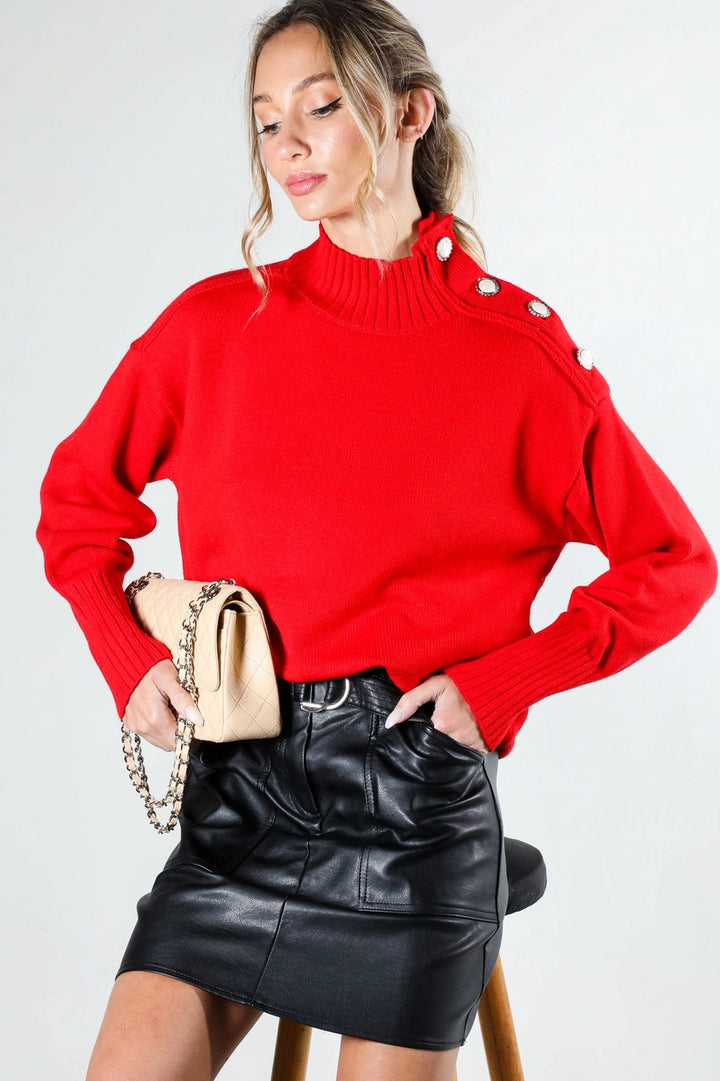 SHOULDER BUTTON DETAIL SWEATER-RED