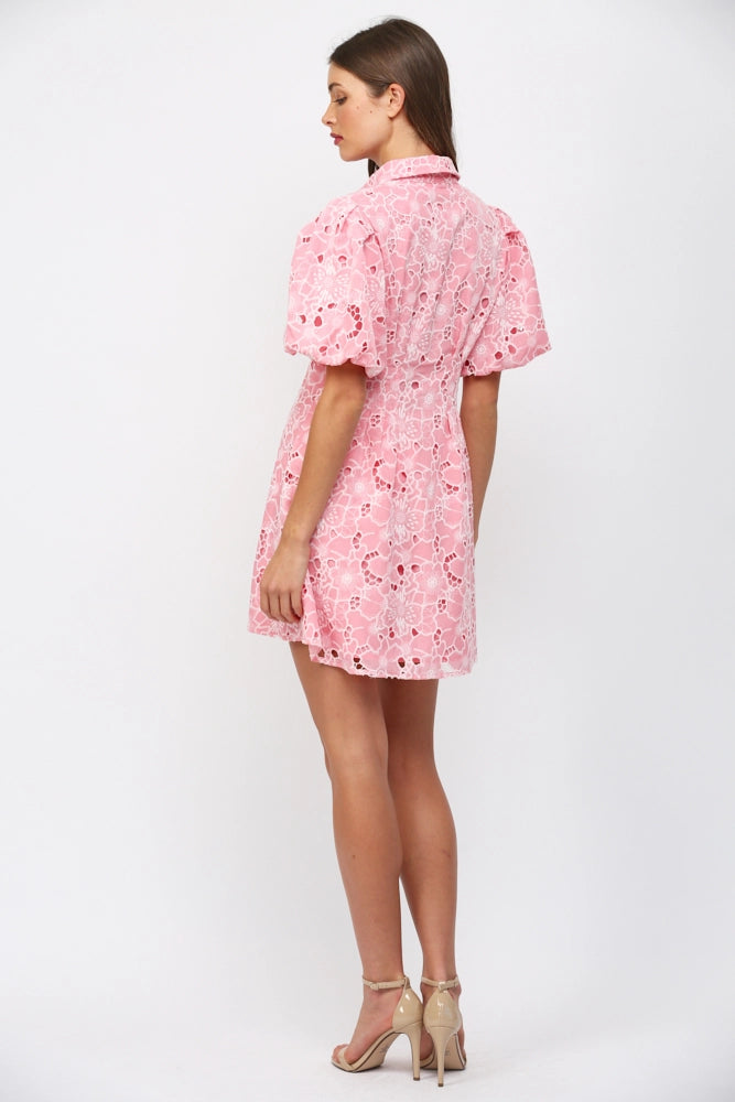 CUT OUT FLORAL LACE BUTTON DOWN MINI DRESS-PINK