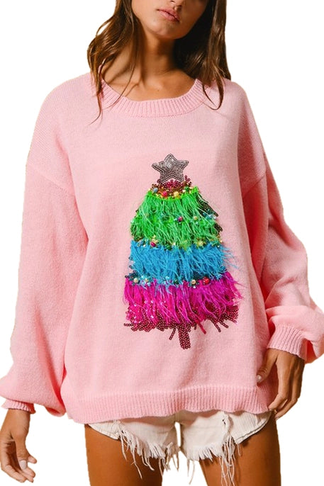 CHRISTMAS TREE SWEATER TOP-PINK