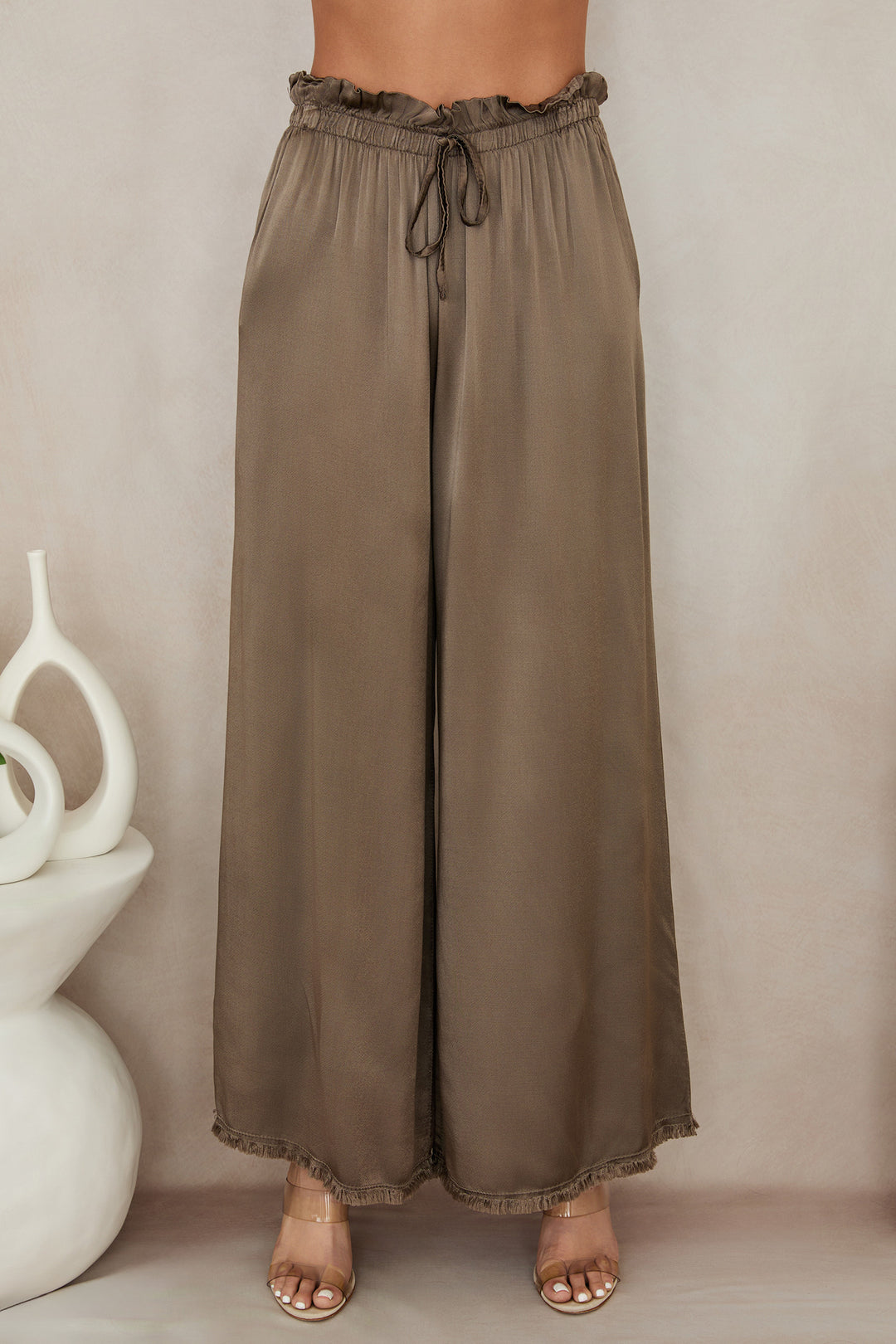 VISCOSE DRAWSTRING WAIST DISTRESSED HEM PALAZZO PANT-DARK MOCHA