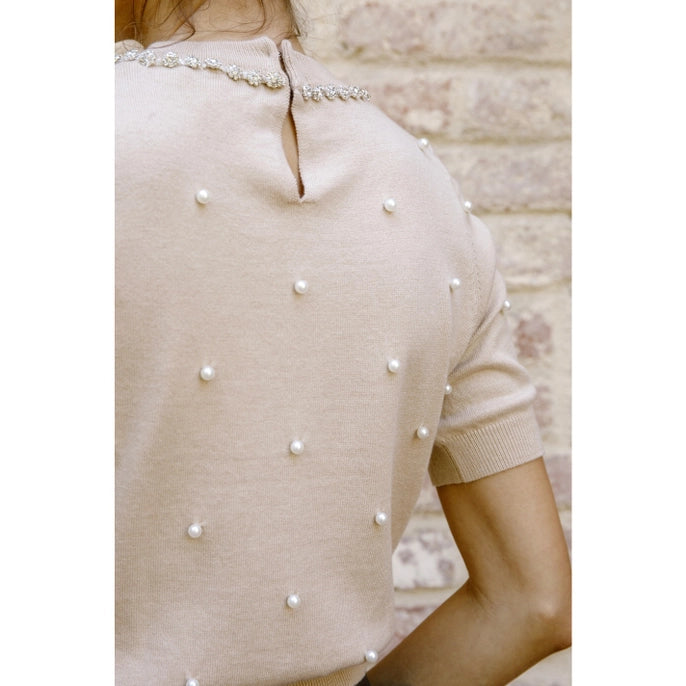 PEARL AND GEM DETAIL KNIT SWEATER TOP-BEIGE