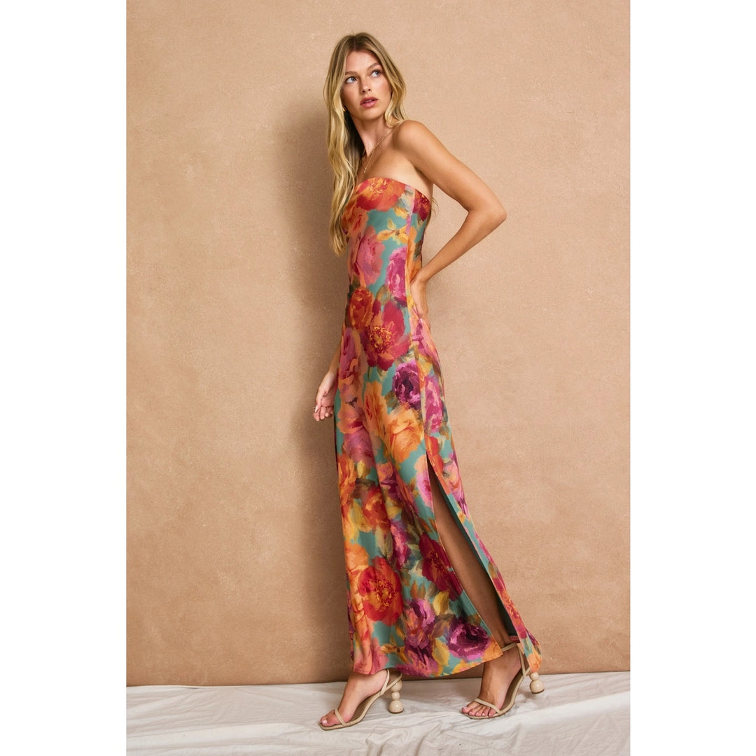 SATIN STRAPLESS FLORAL MAXI DRESS-PARISIAN FLORAL