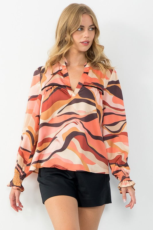 ABSTRACT PRINT BLOUSE-COCOA