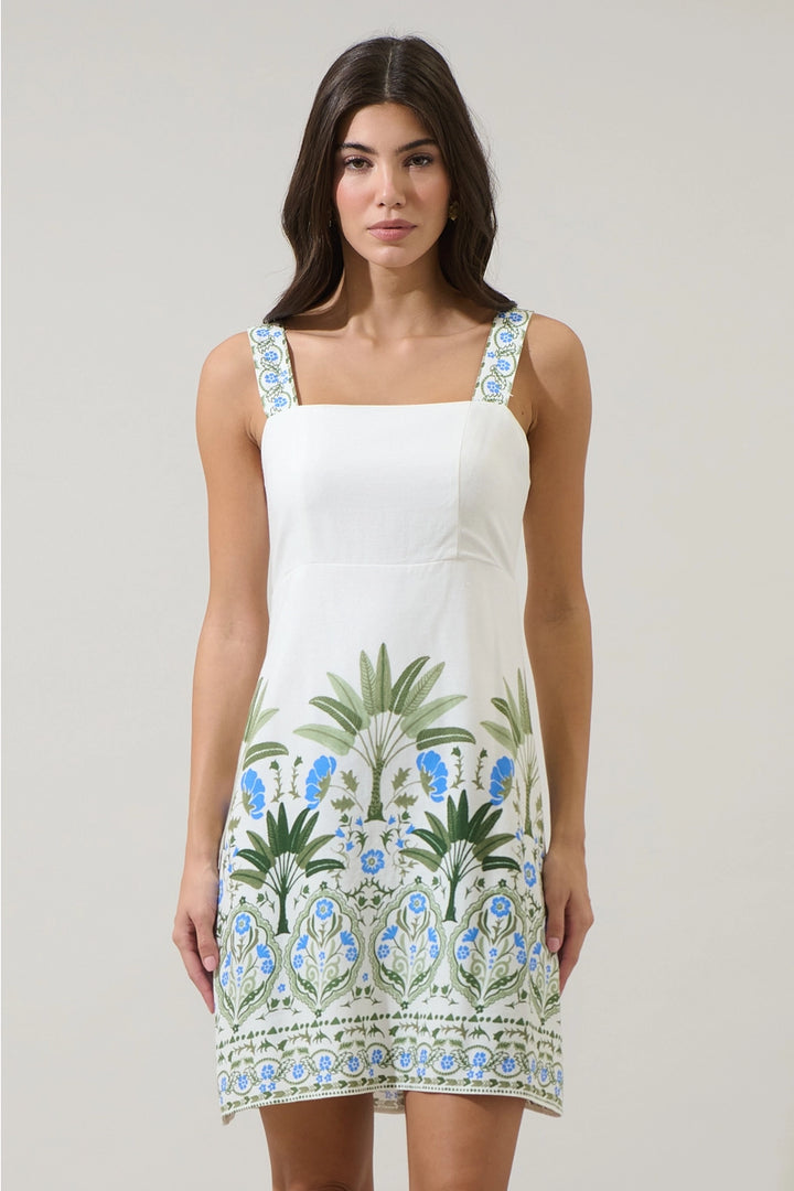 SENARA FLORAL MINI DRESS-WHITE/GREEN/MULTI