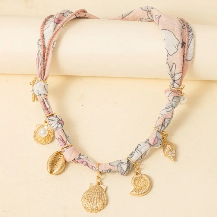 SEA LIFE CHARMS BANDANA NECKLACE-BABY PINK