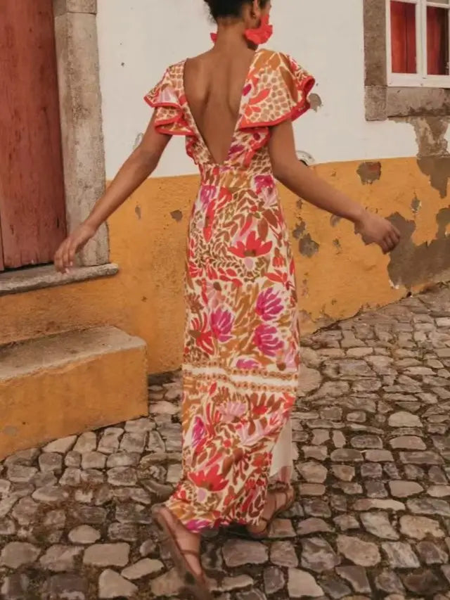 RUFFLED SLEEVE MAXI DRESS-RED/MULTI