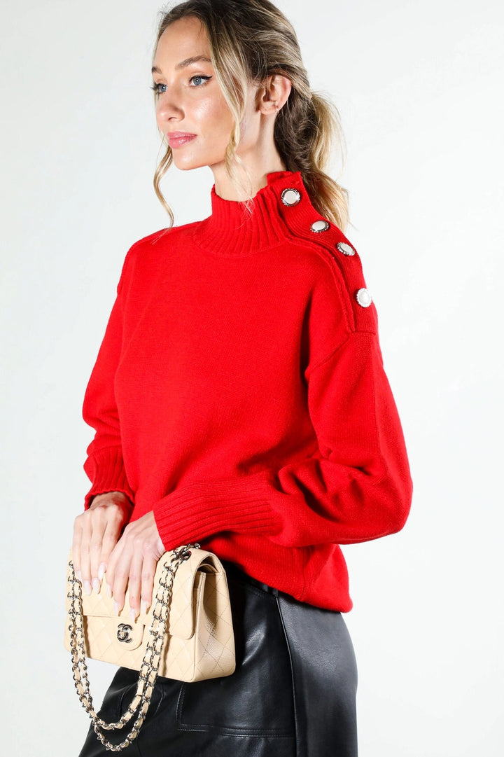 SHOULDER BUTTON DETAIL SWEATER-RED