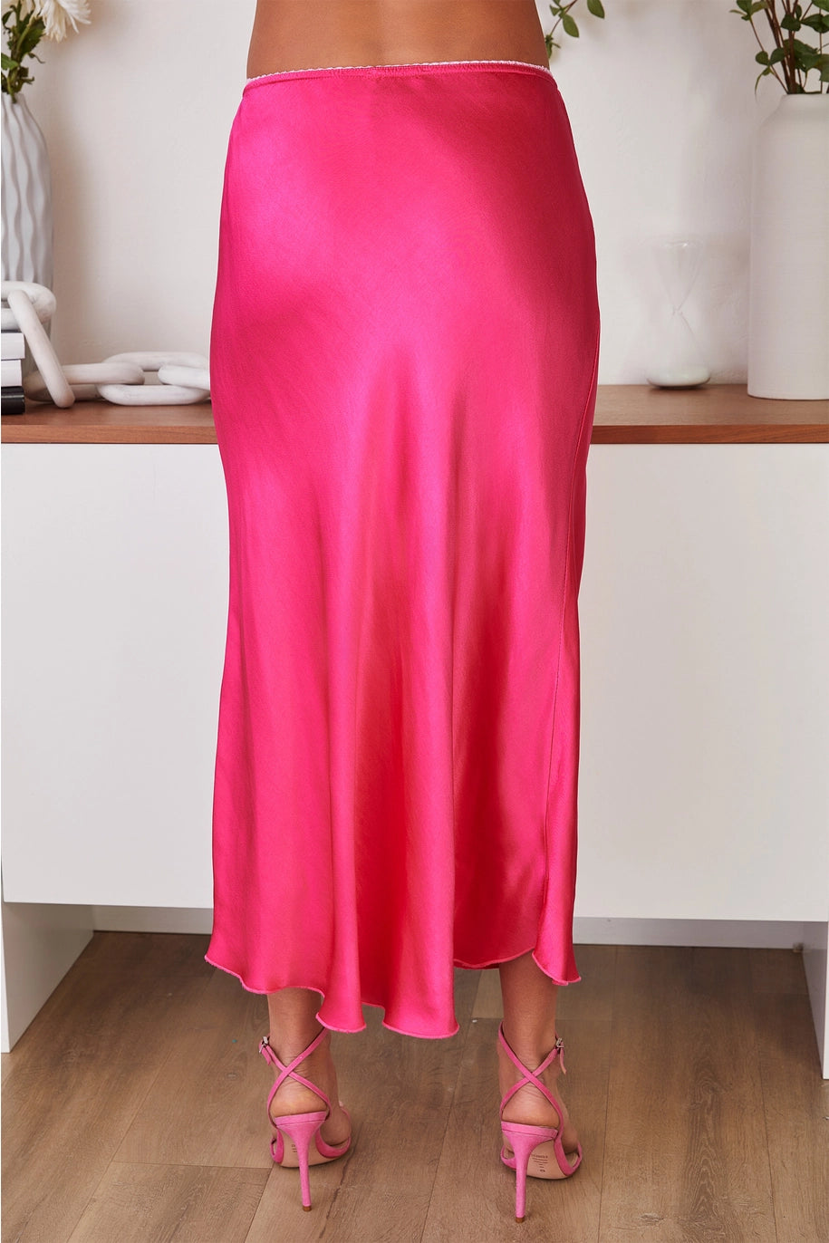 SILKY SLIP SKIRT WITH LACE WAISTBAND-FUCHSIA