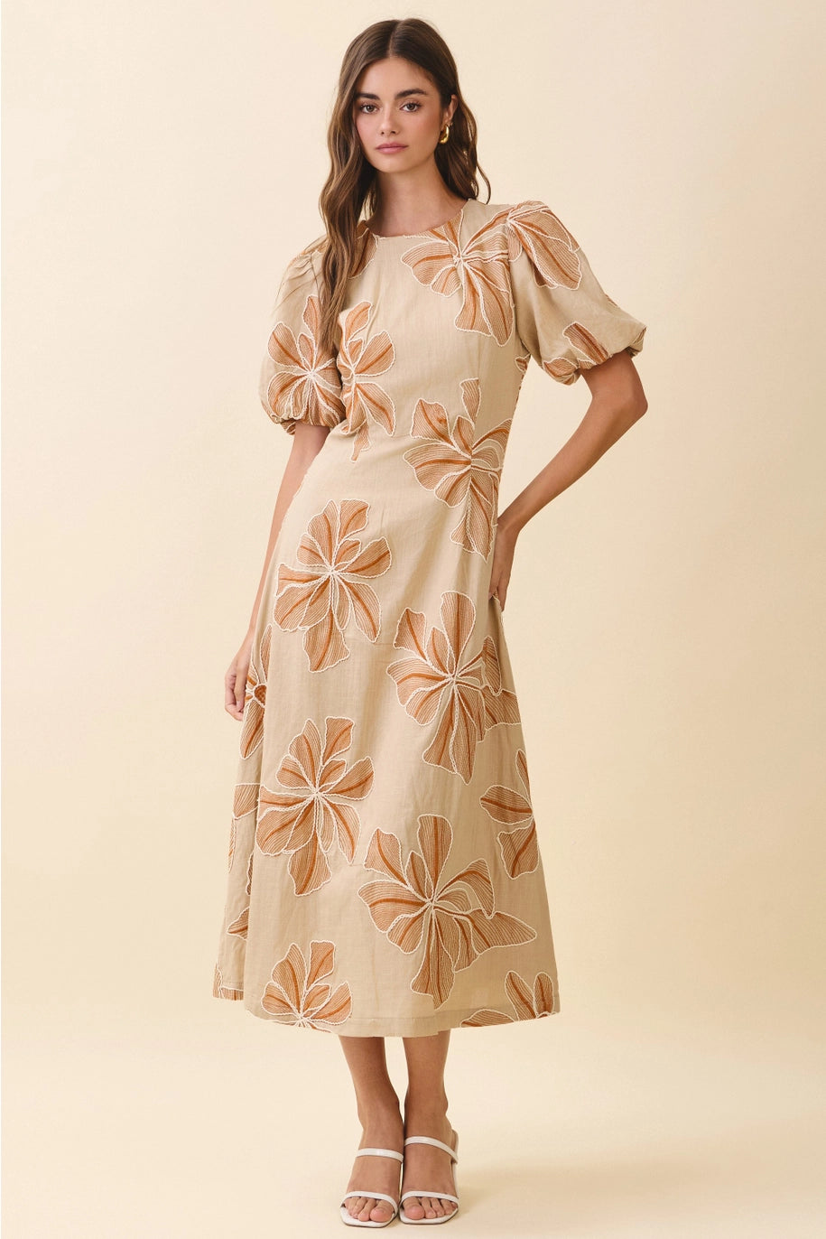 EMBROIDERED PUFF SLEEVE MIDI DRESS-KHAKI