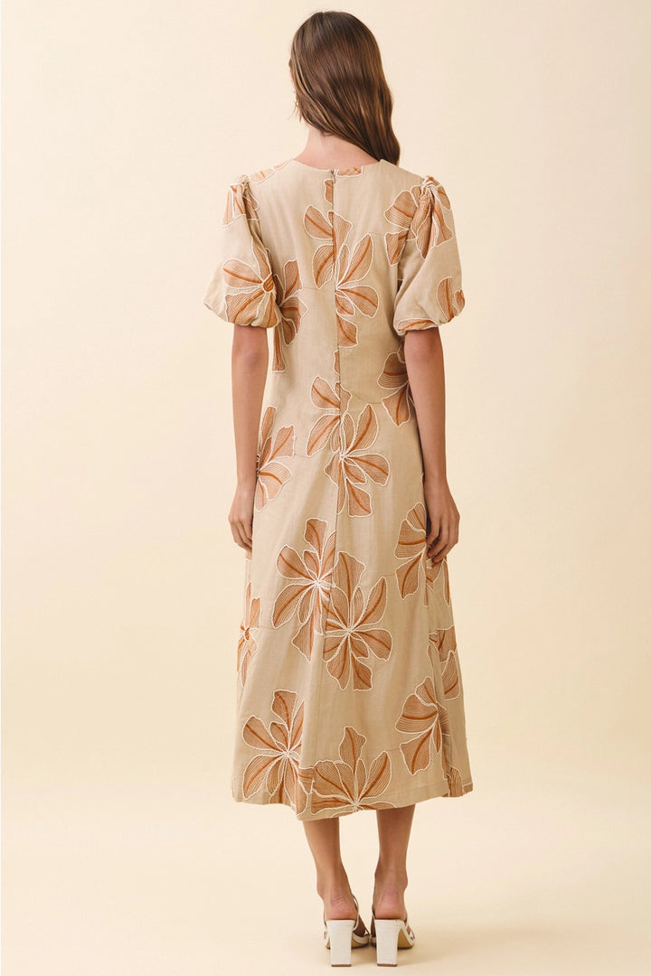 EMBROIDERED PUFF SLEEVE MIDI DRESS-KHAKI