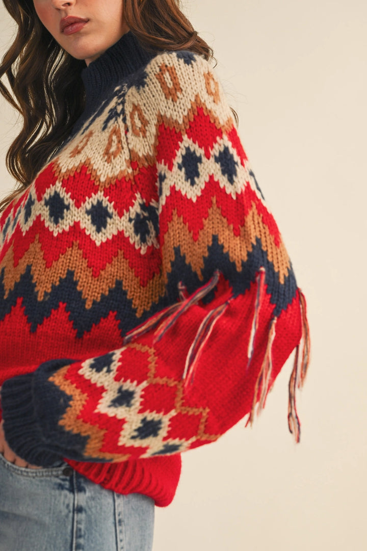 FAIR ISLE FRINGE SLEEVE SWEATER-RED/NAVY
