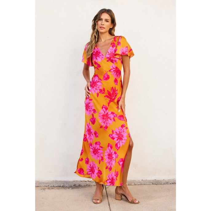 FLORAL FLUTTER SLEEVE MAXI DRESS -HIBISCUS MANGO