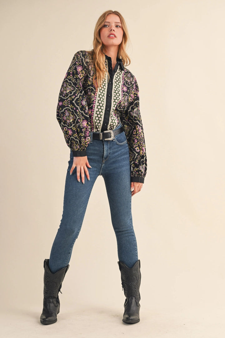 FLORAL BUTTON DOWN TOP-BLACK/MULTI