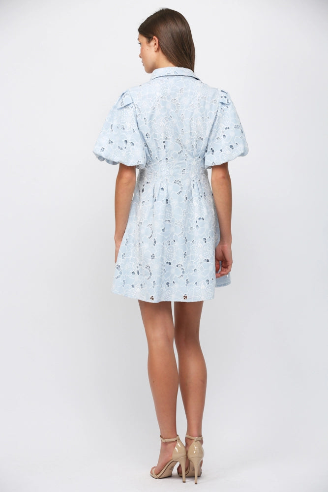 CUT OUT FLORAL LACE BUTTON DOWN MINI DRESS-BABY BLUE