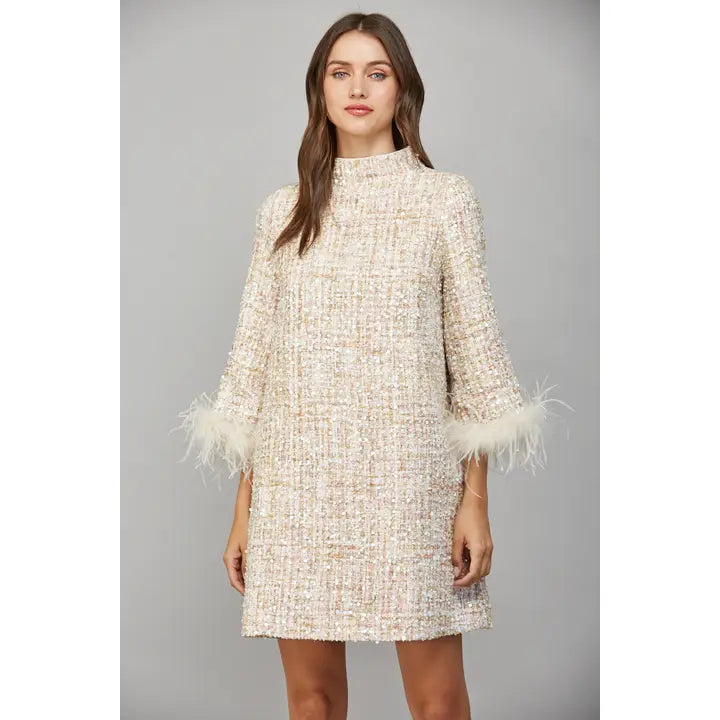 FEATHER TRIM EMBELLISHMENT MINI DRESS-CREAM/MULTI