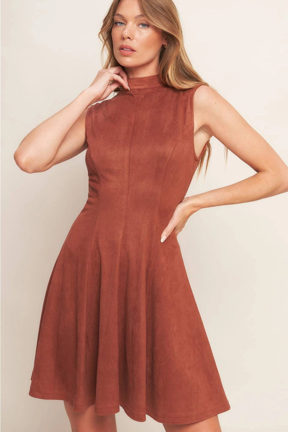 FAUX SUEDE MINI DRESS-RUST