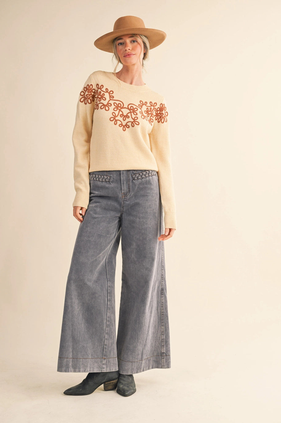 FLORAL KNIT DESIGN SWEATER-IVORY/COPPER