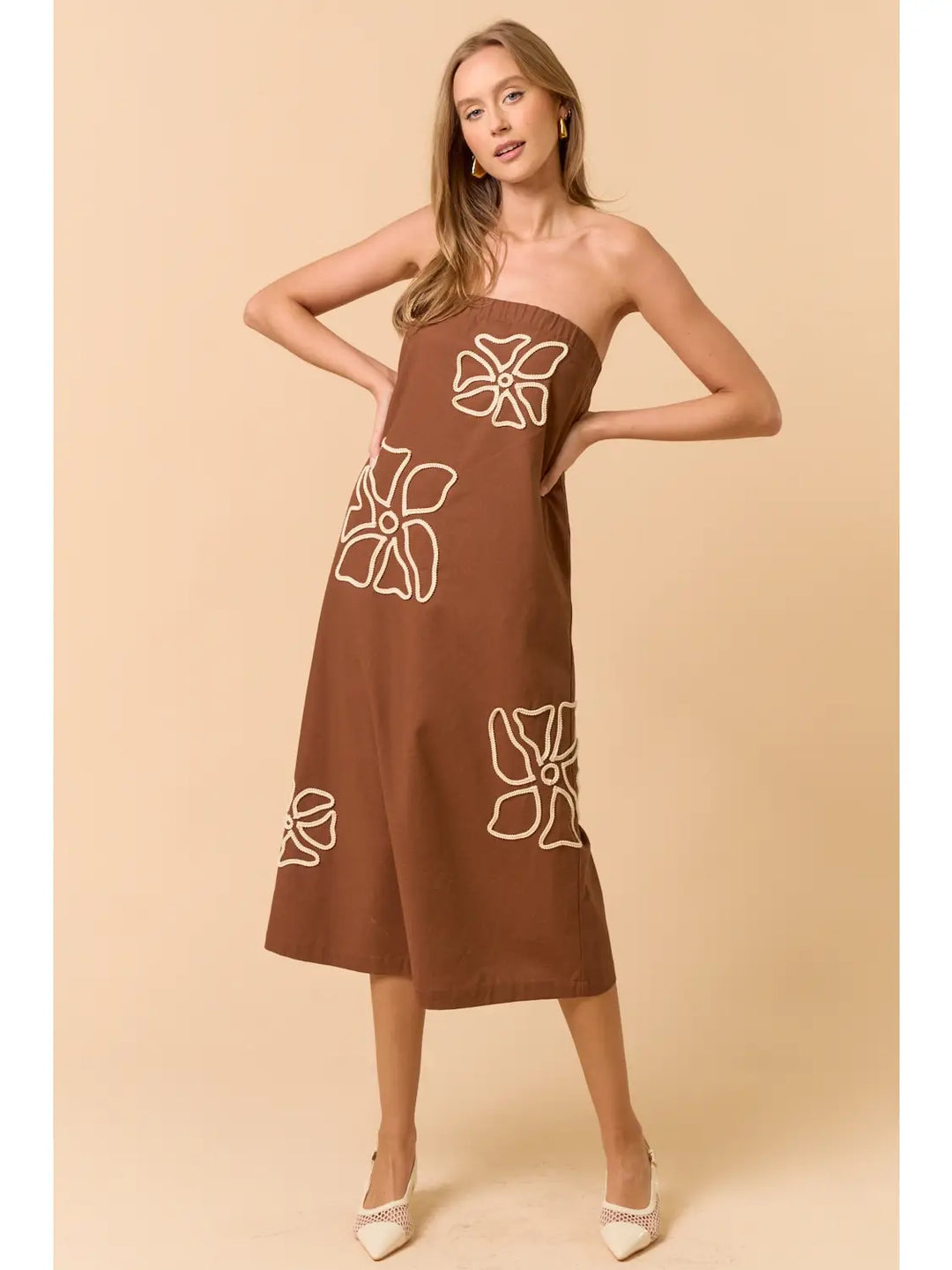 EMBROIDERED TUBE MAXI DRESS-BROWN