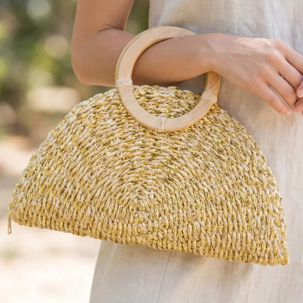 METALLIC STRAW WOVEN HALF MOON BAG-BEIGE