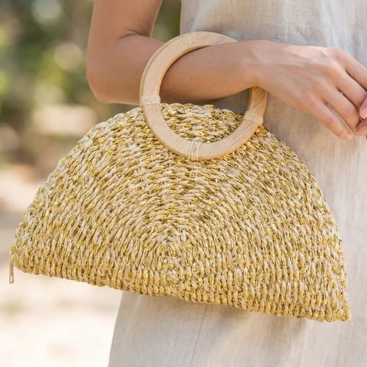 METALLIC STRAW WOVEN HALF MOON BAG-BEIGE