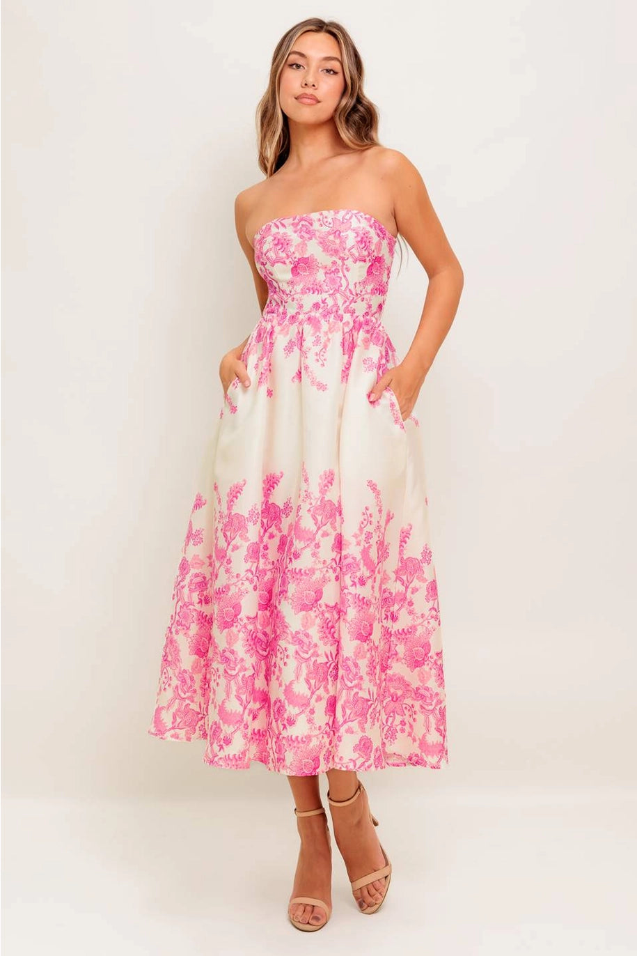 FLORAL STRAPLESS MIDI DRESS-IVORY/PINK