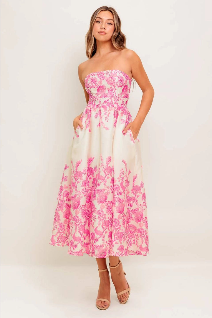 FLORAL STRAPLESS MIDI DRESS-IVORY/PINK