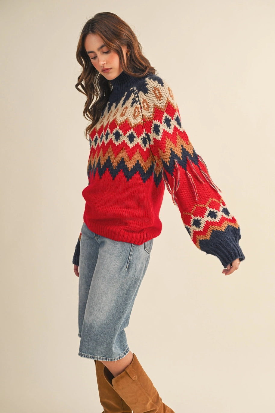FAIR ISLE FRINGE SLEEVE SWEATER-RED/NAVY
