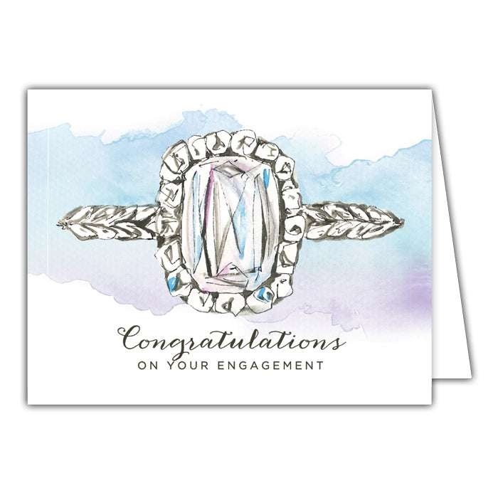 Engagement ring card with watercolor background and 'Congratulations on your engagement' text