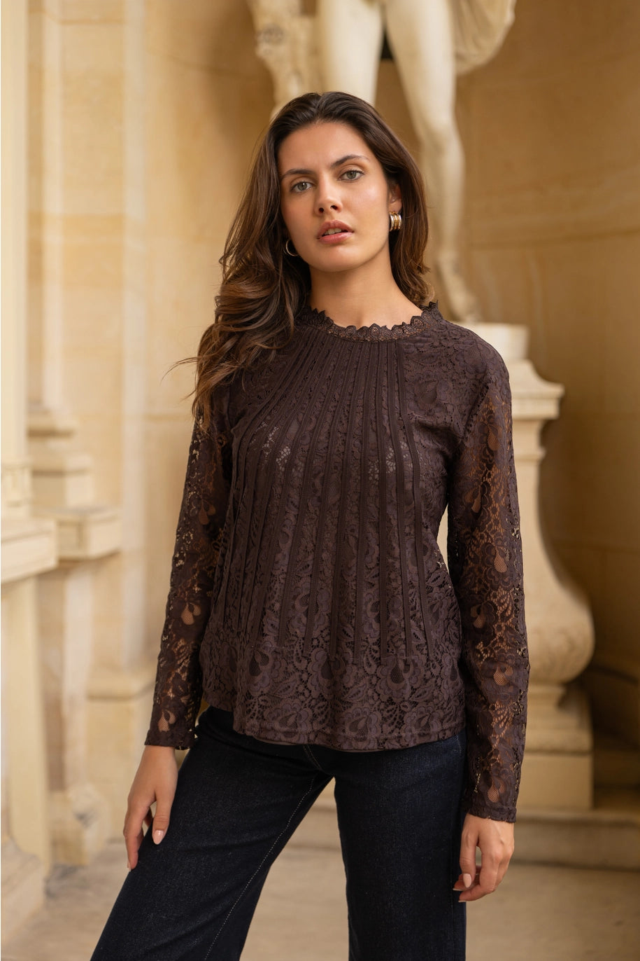 TIFFANY LONG SLEEVE LACE BLOUSE-CHOCOLATE