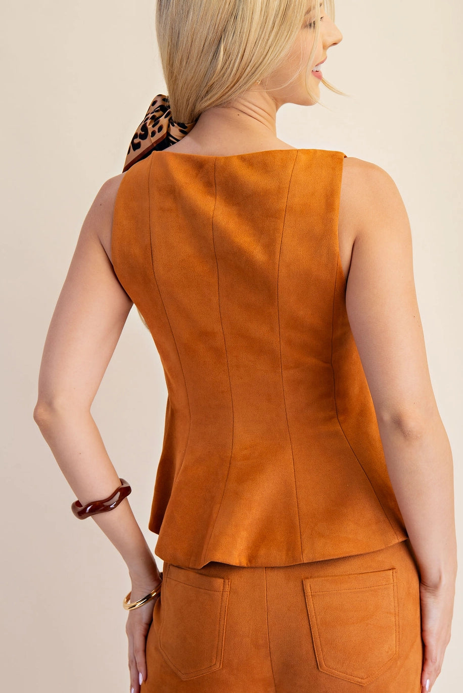 FAUX SUEDE FITTED PEPLUM TOP-CAMEL