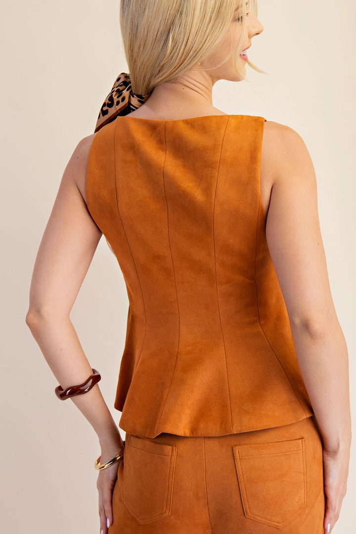 FAUX SUEDE FITTED PEPLUM TOP-CAMEL