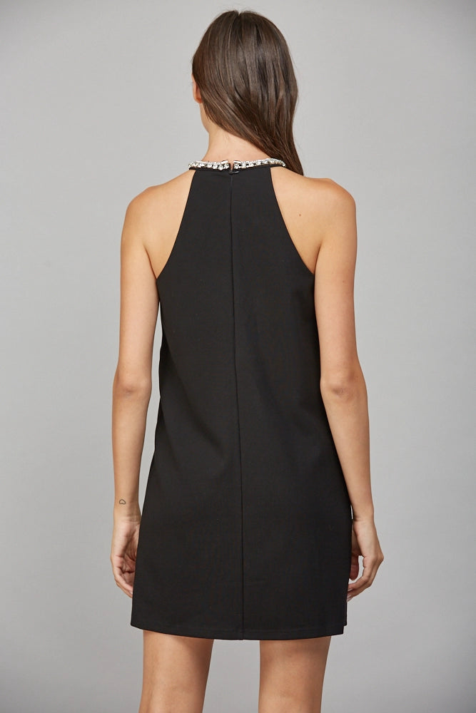 RHINESTONE KEYHOLE A LINE DRESS-BLACK